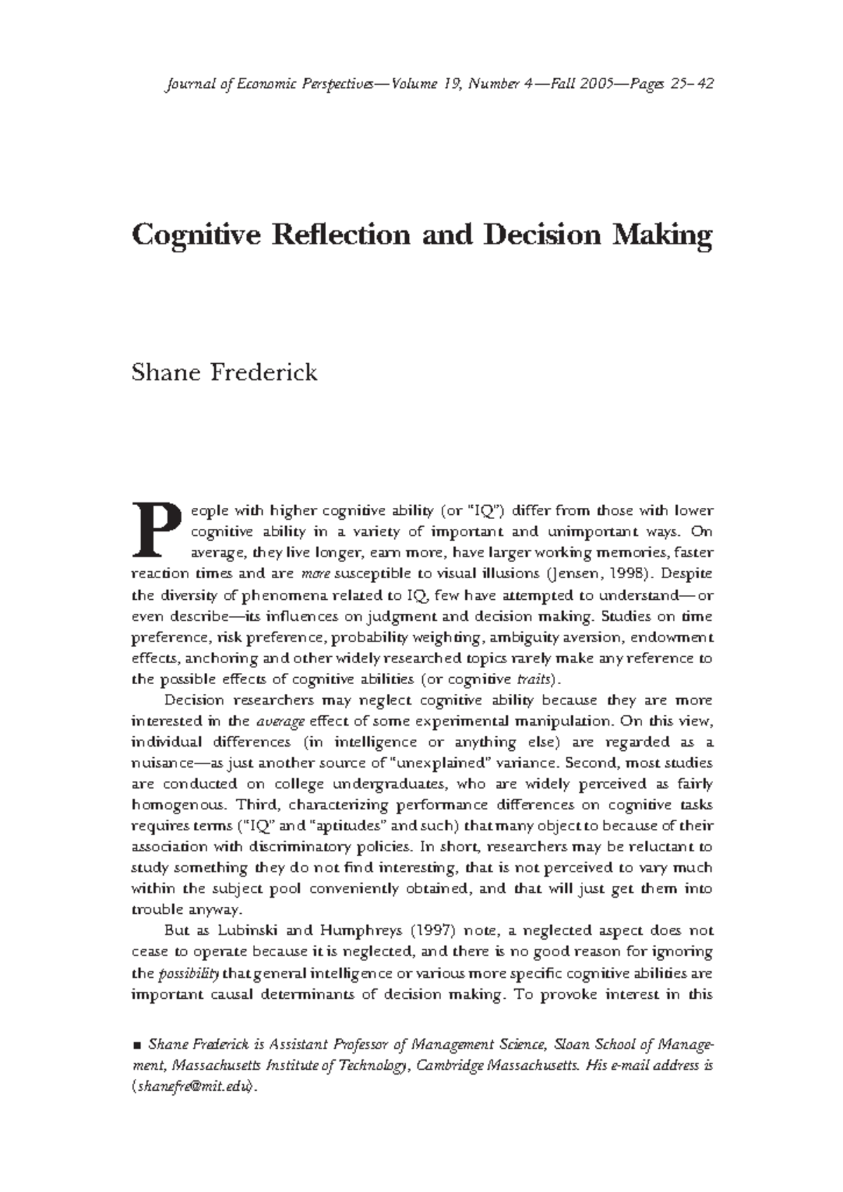 Cognitive Reflection and Decision making - On average, they live longer ...