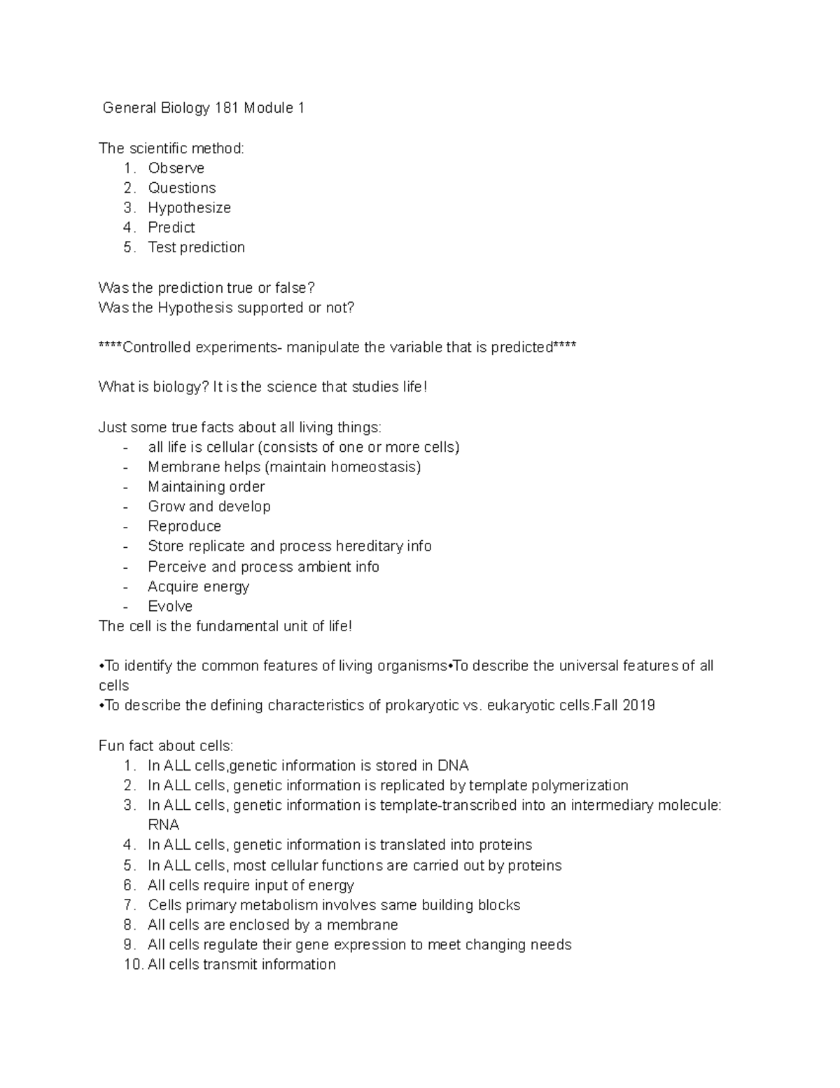 BIO 181 Module 1 - Lecture notes First lecture - General Biology 181 ...