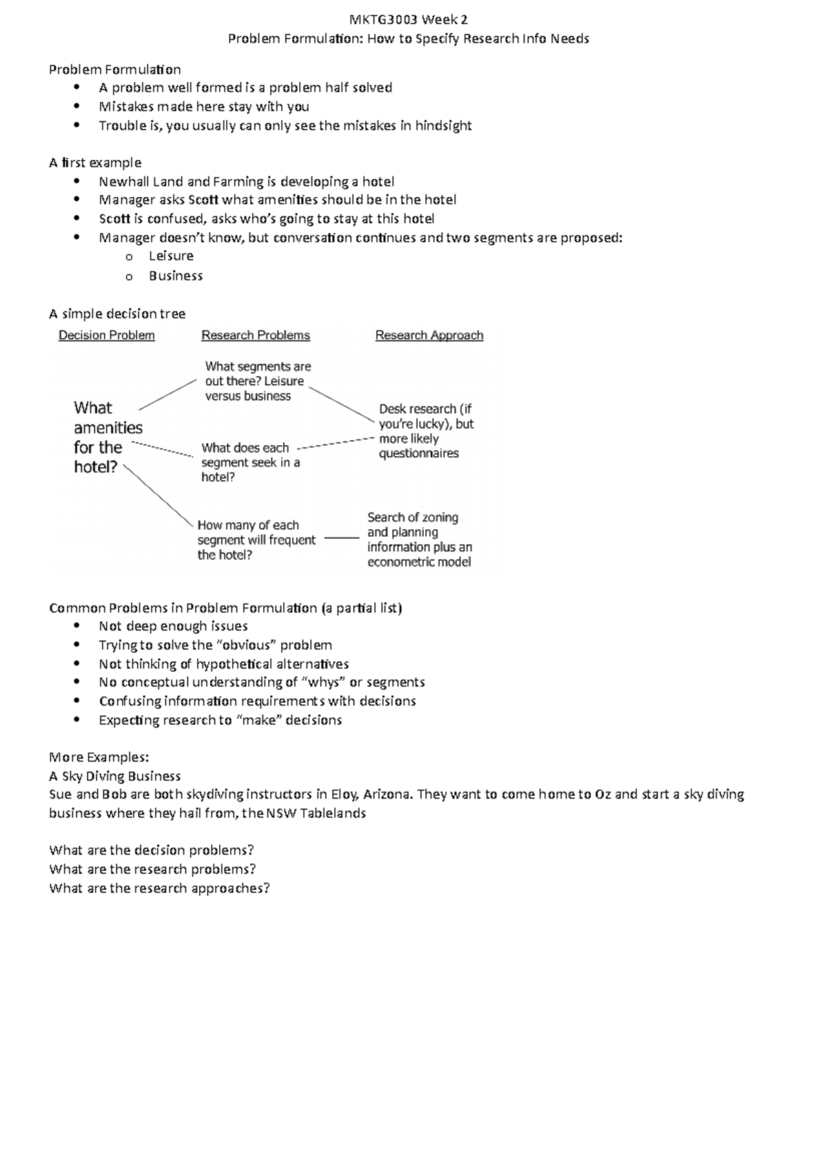 Week 2 Notes MKTG3003 - Problem Formulation: How to Specify Research ...