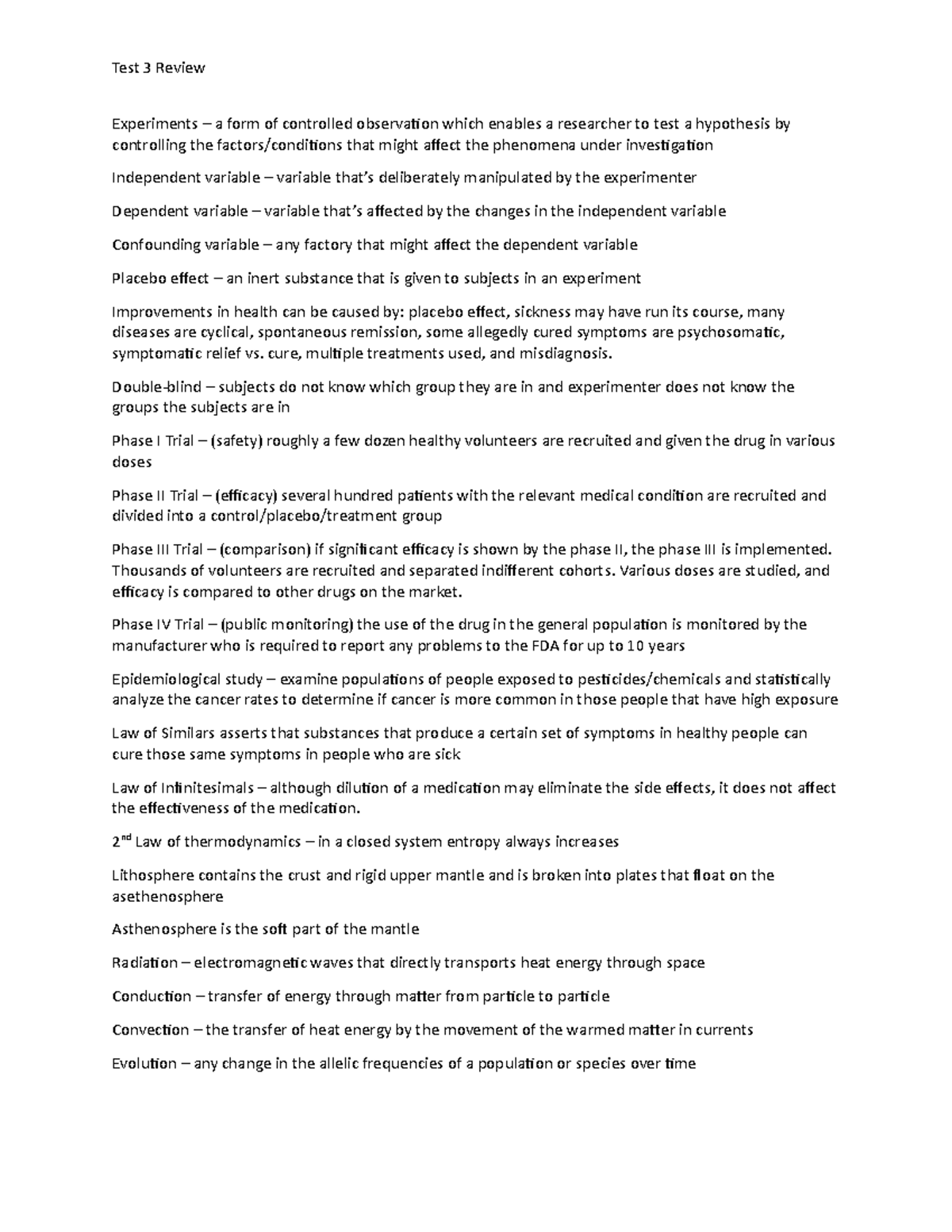 Unit 3 Review FOS Unit 3 Study Guide Test 3 Review Experiments a