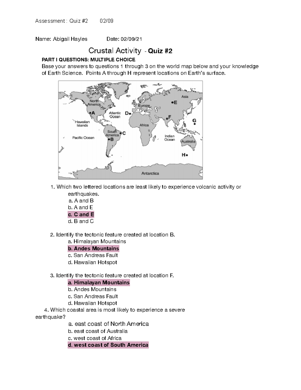 Crustal Activity Qui Assessment Quiz 2 02/ Name Abigail Hayles