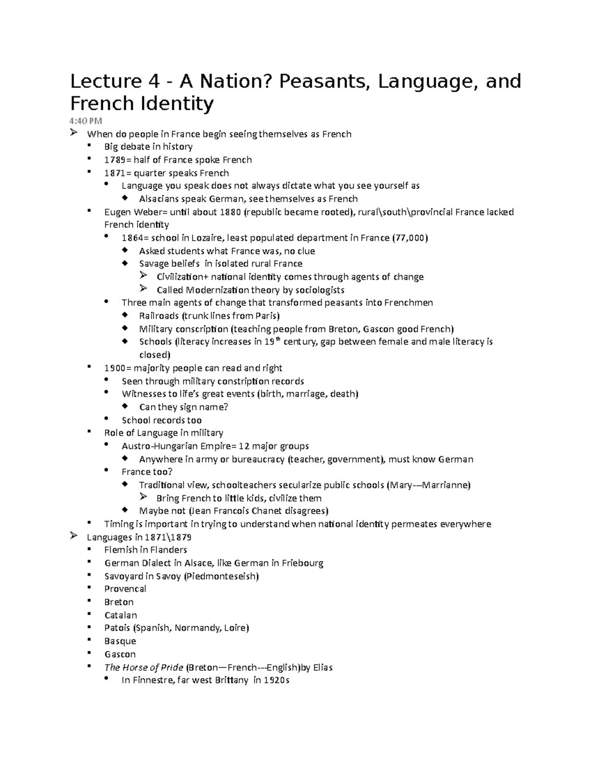 Lecture 4 Lecture 4 A Nation? Peasants, Language, and French