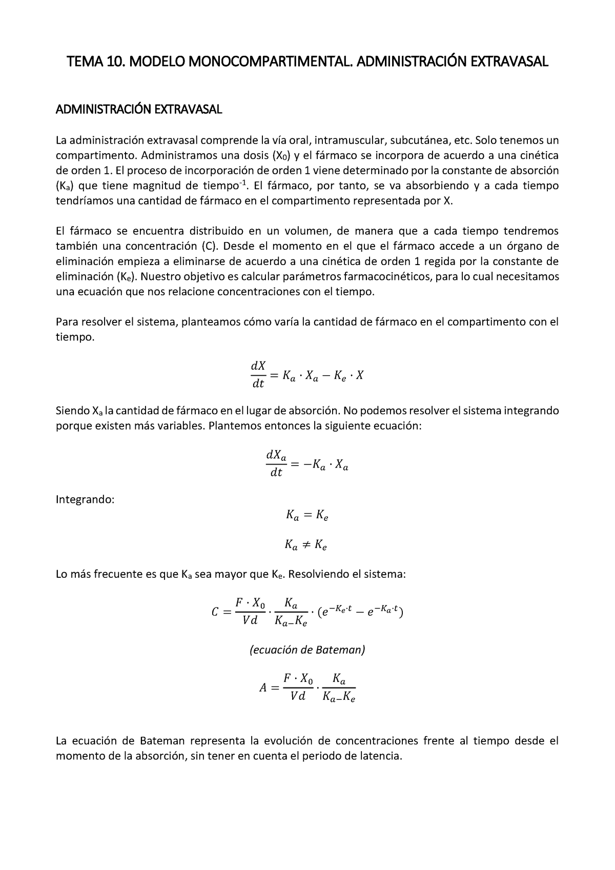 TEMA 10. MODELO MONOCOMPARTIMENTAL. ADMINISTRACIÓN EXTRAVASAL - TEMA 10. MODELO  MONOCOMPARTIMENTAL. - Studocu