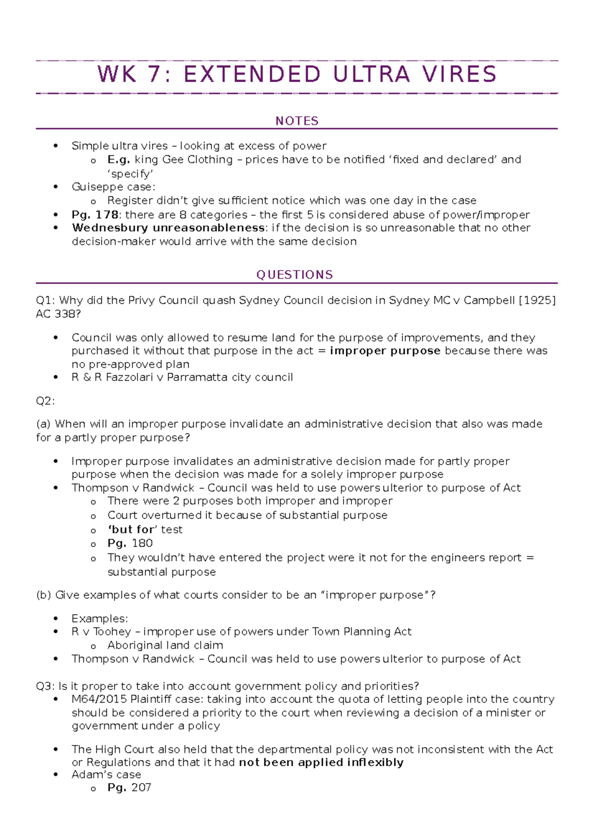 Wk 7 - Lecture notes 7 - WK 7: EXTENDED ULTRA VIRES NOTES Simple ultra ...
