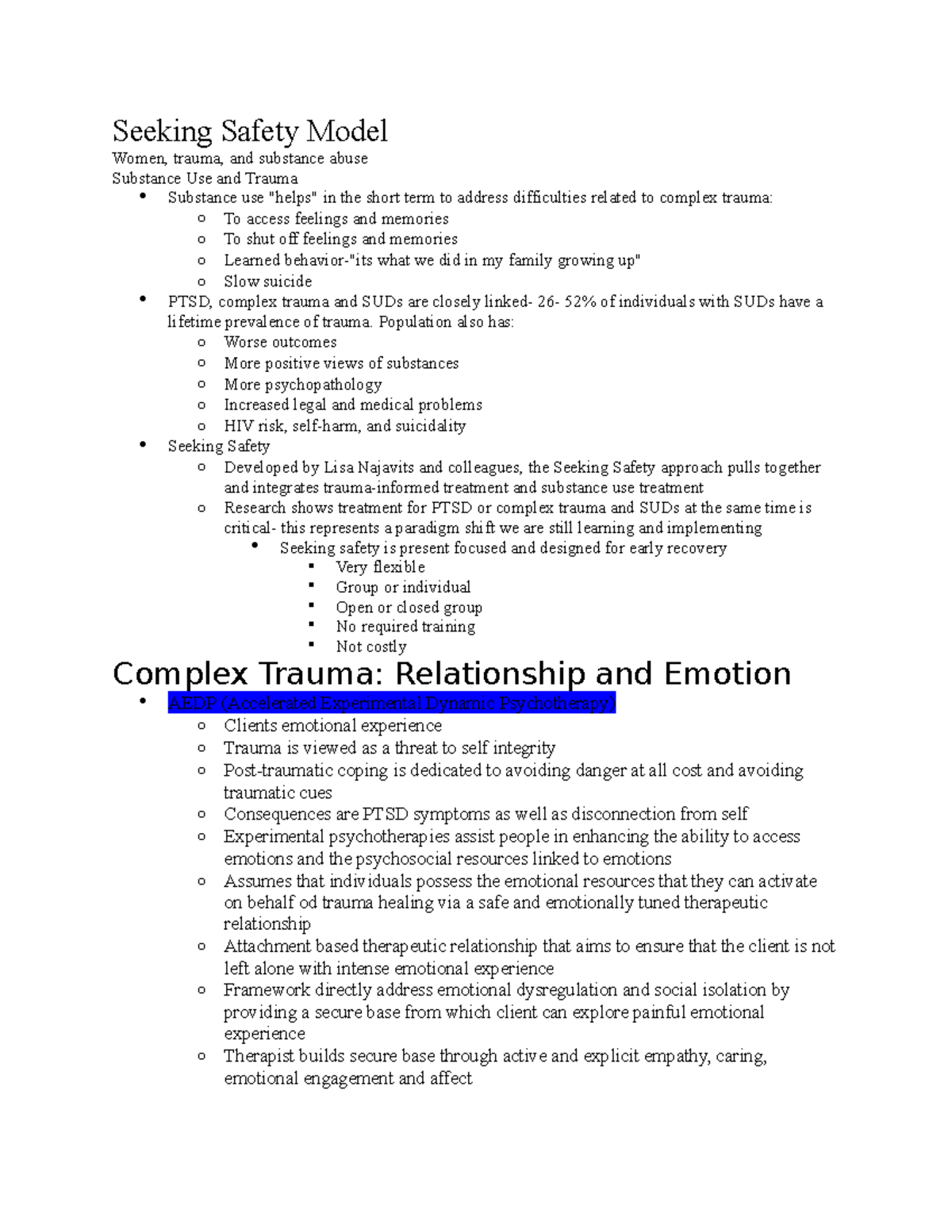 SOWK 730 pt 3 trauma informed social work practice Seeking Safety