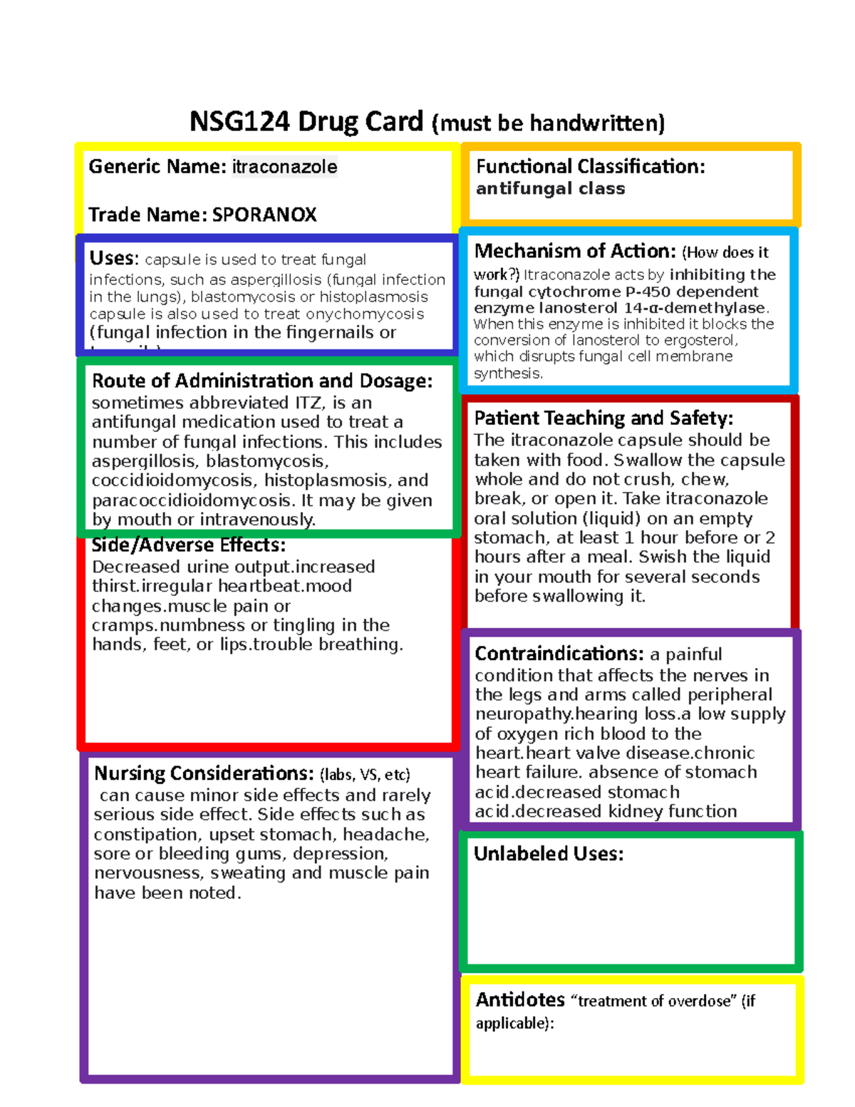 Itraconazole1 2 course work NSG124 Drug Card (must be handwritten