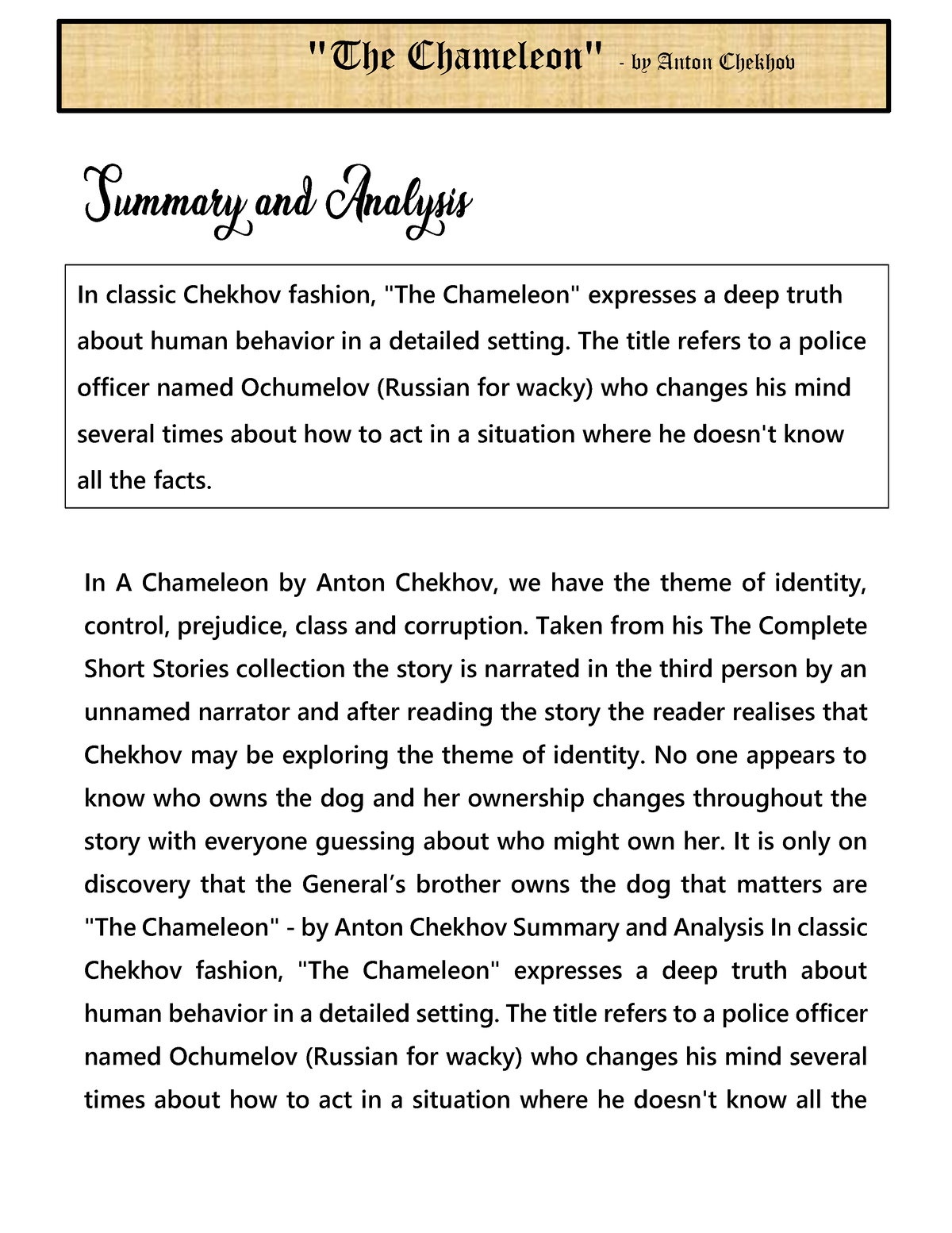 The Chameleon Summary and Analysis - In A Chameleon by Anton Chekhov