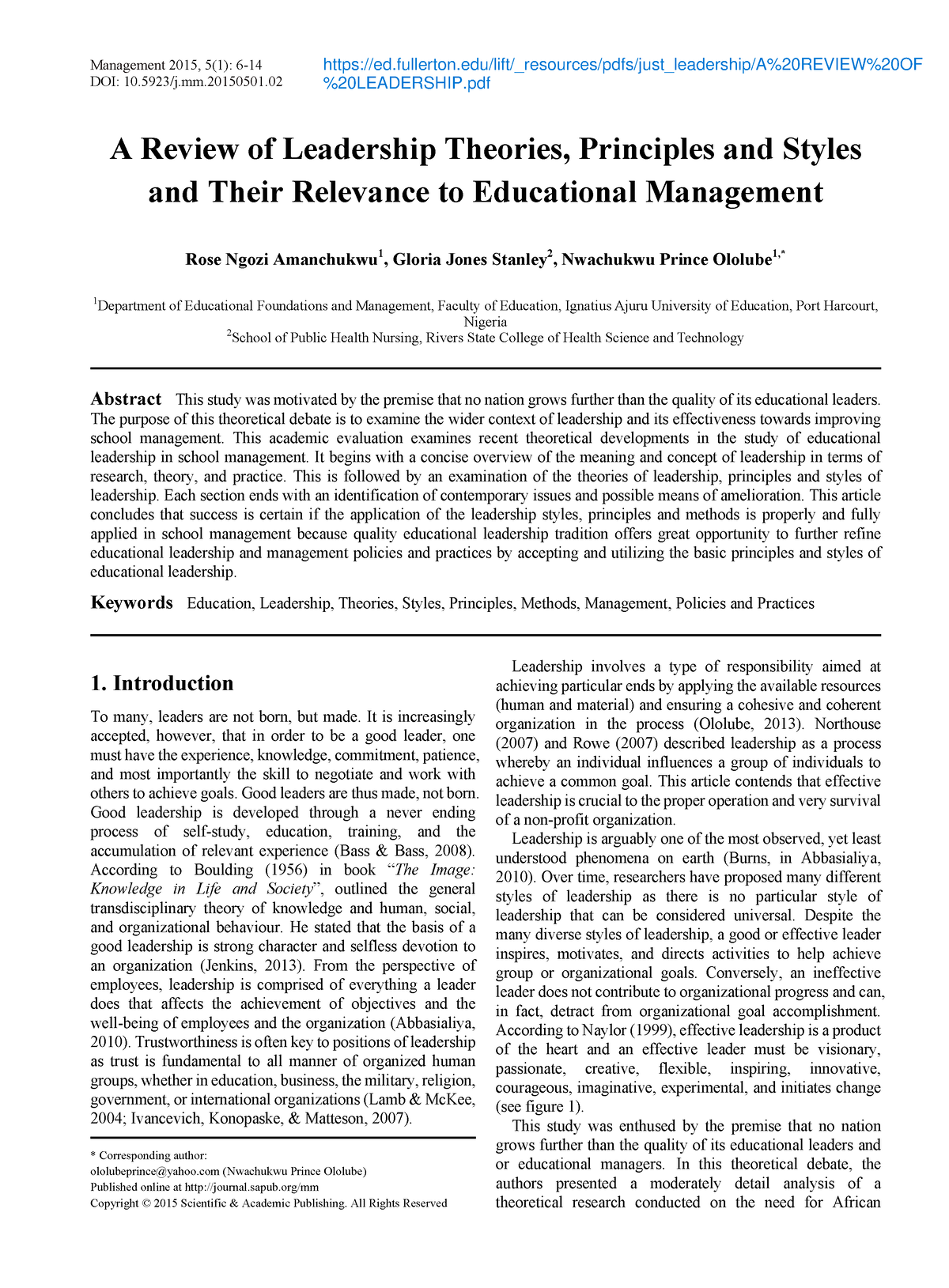 A Review OF Leadership - Article Feedback - DOI: 10.5923/j.mm. A Review ...