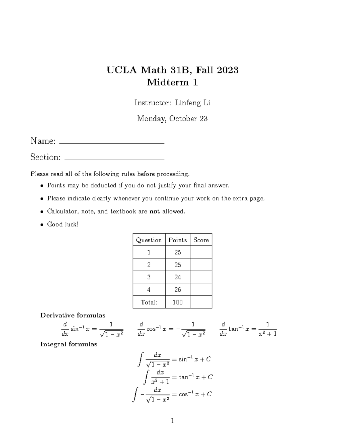 Midterm Solutions - UCLA Math 31B, Fall 2023 Midterm 1 Instructor ...