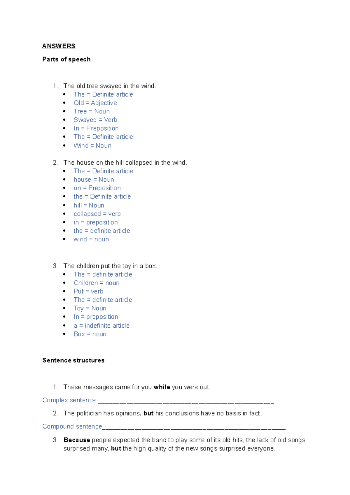 Revision Answers ANSWERS Parts of speech The old tree swayed in the