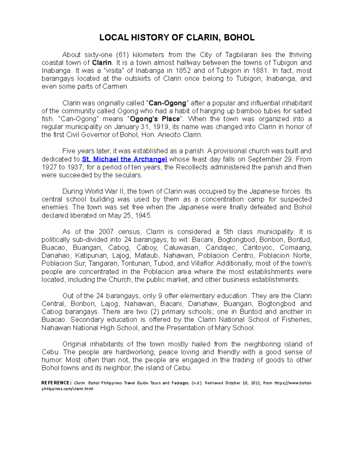 Clarin Town LOCAL HISTORY OF CLARIN, BOHOL About sixtyone (61