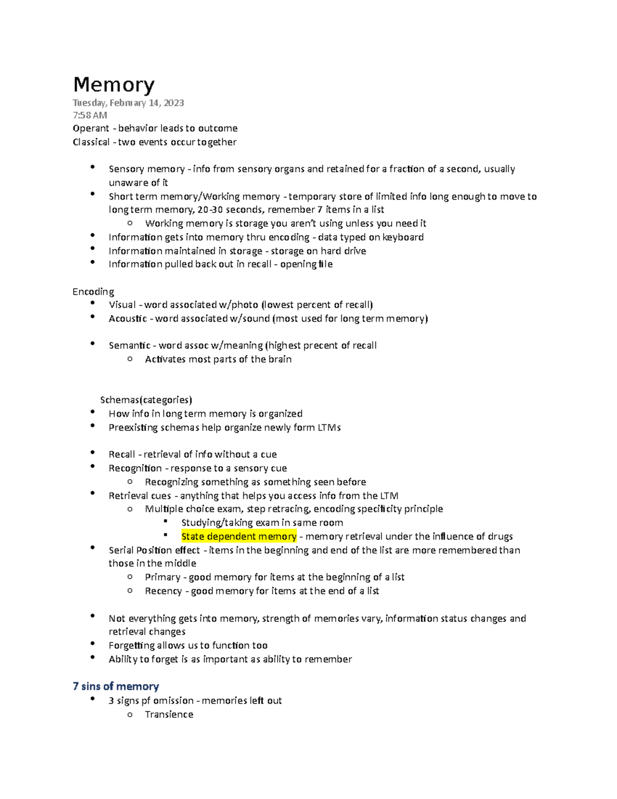 Types Of Memory Notes