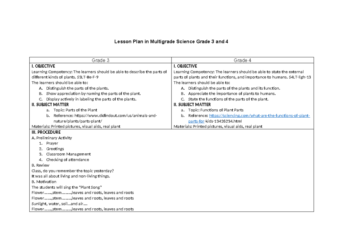 Lesson Plan in Multigrade Science Grade 3 and 4 - OBJECTIVE Learning ...
