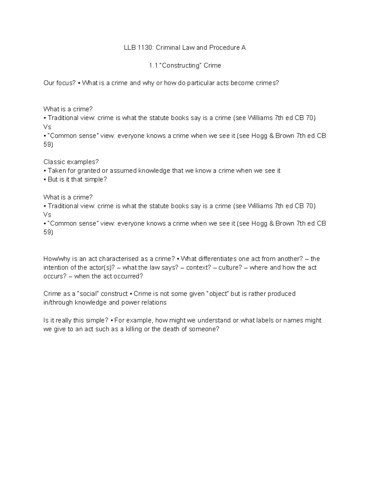 Criminal week 1 notes - S - LLB 1130: Criminal Law and Procedure A 1 ...
