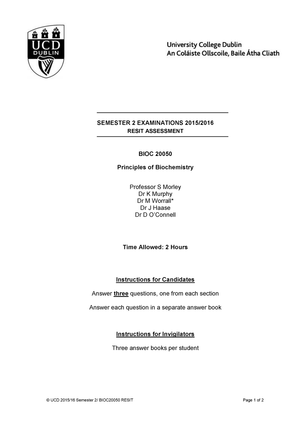 Principles of biochemistry Semester 2 201516 - SEMESTER 2 EXAMINATIONS ...