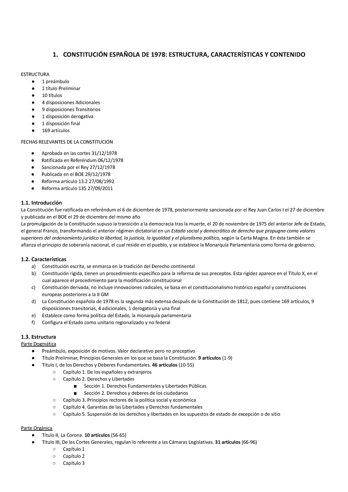 TEMA 1. LA CONSTITUCIÓN ESPAÑOLA DE 1978: Estructura, Características ...