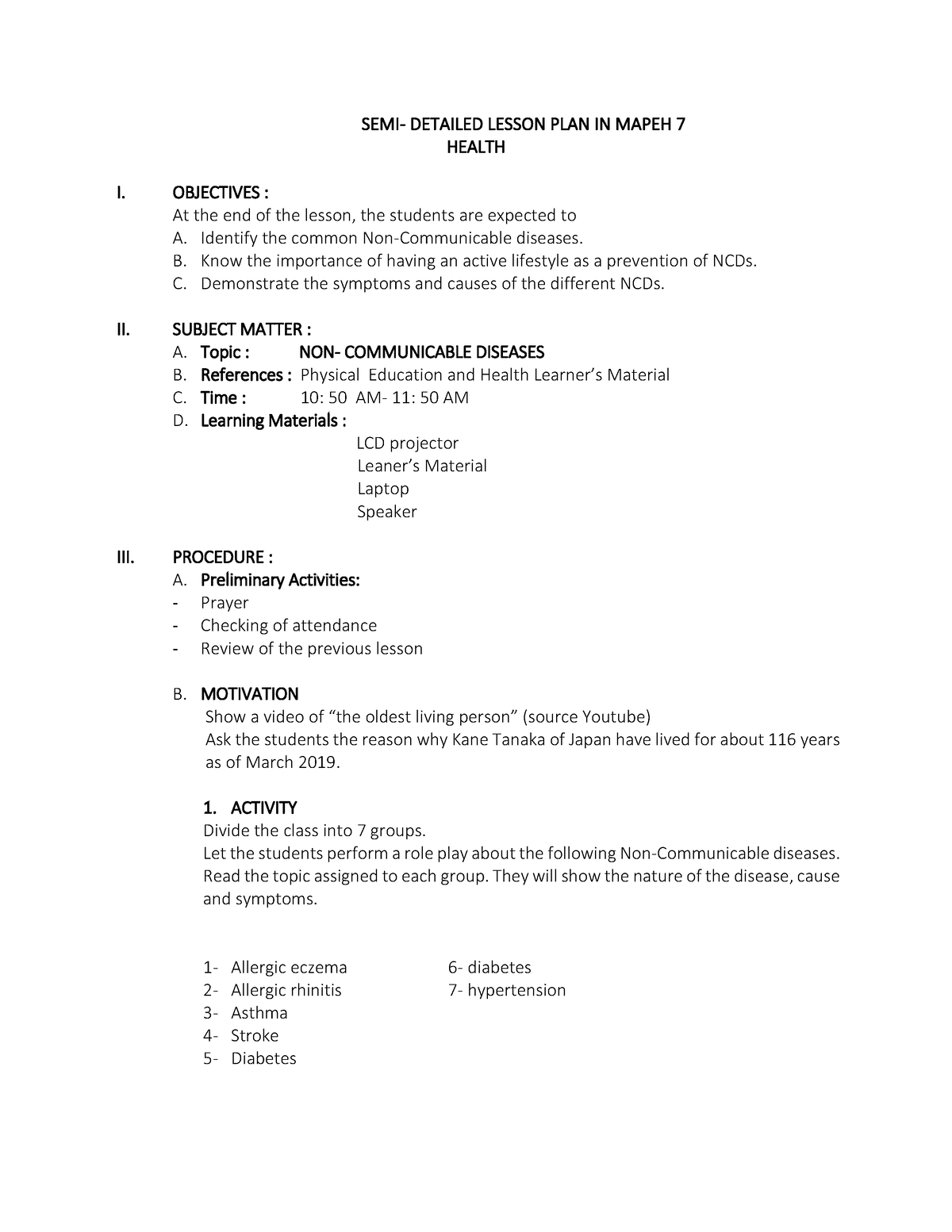 Pdfcoffee Mapeh Lesson Plan - SEMI- DETAILED LESSON PLAN IN MAPEH 7 ...