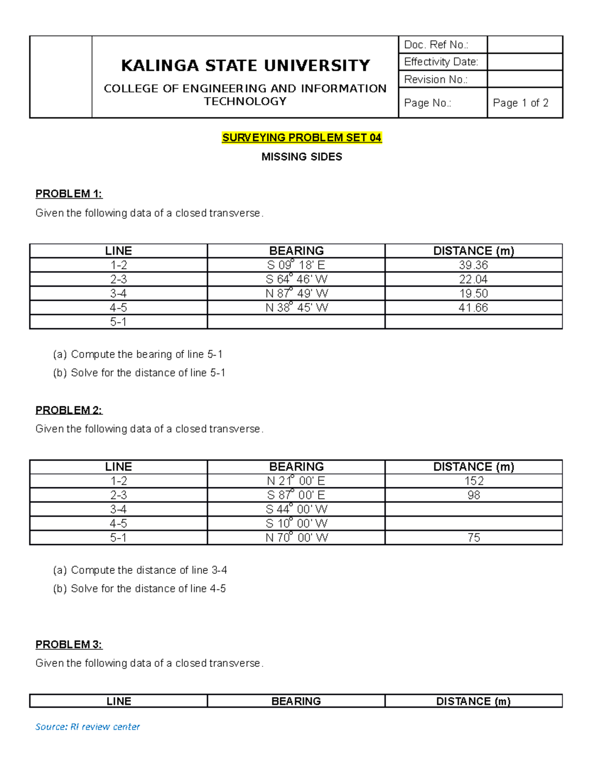 Surveying Problem Set 04 - KALINGA STATE UNIVERSITY COLLEGE OF ...