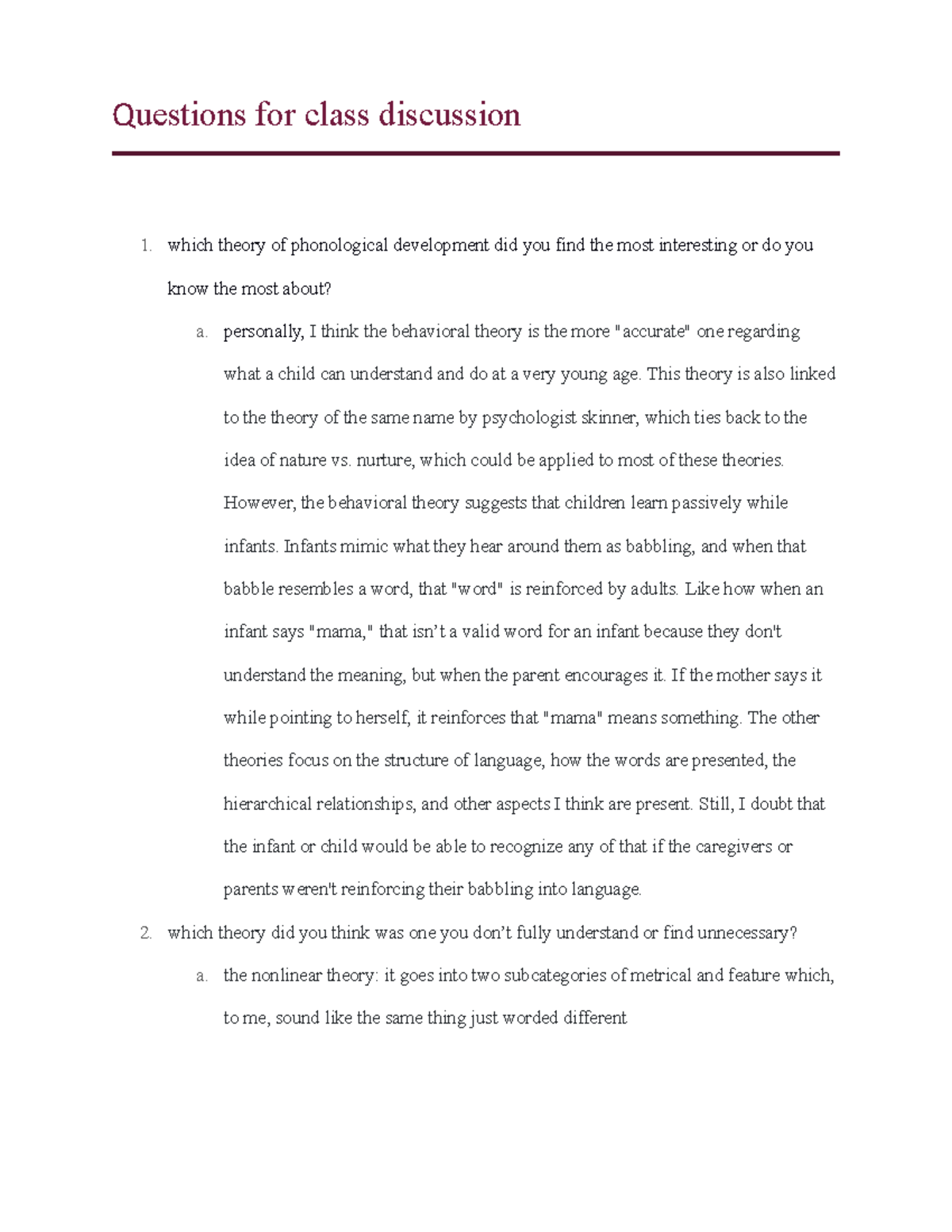 Questions for class discussion - Questions for class discussion which ...