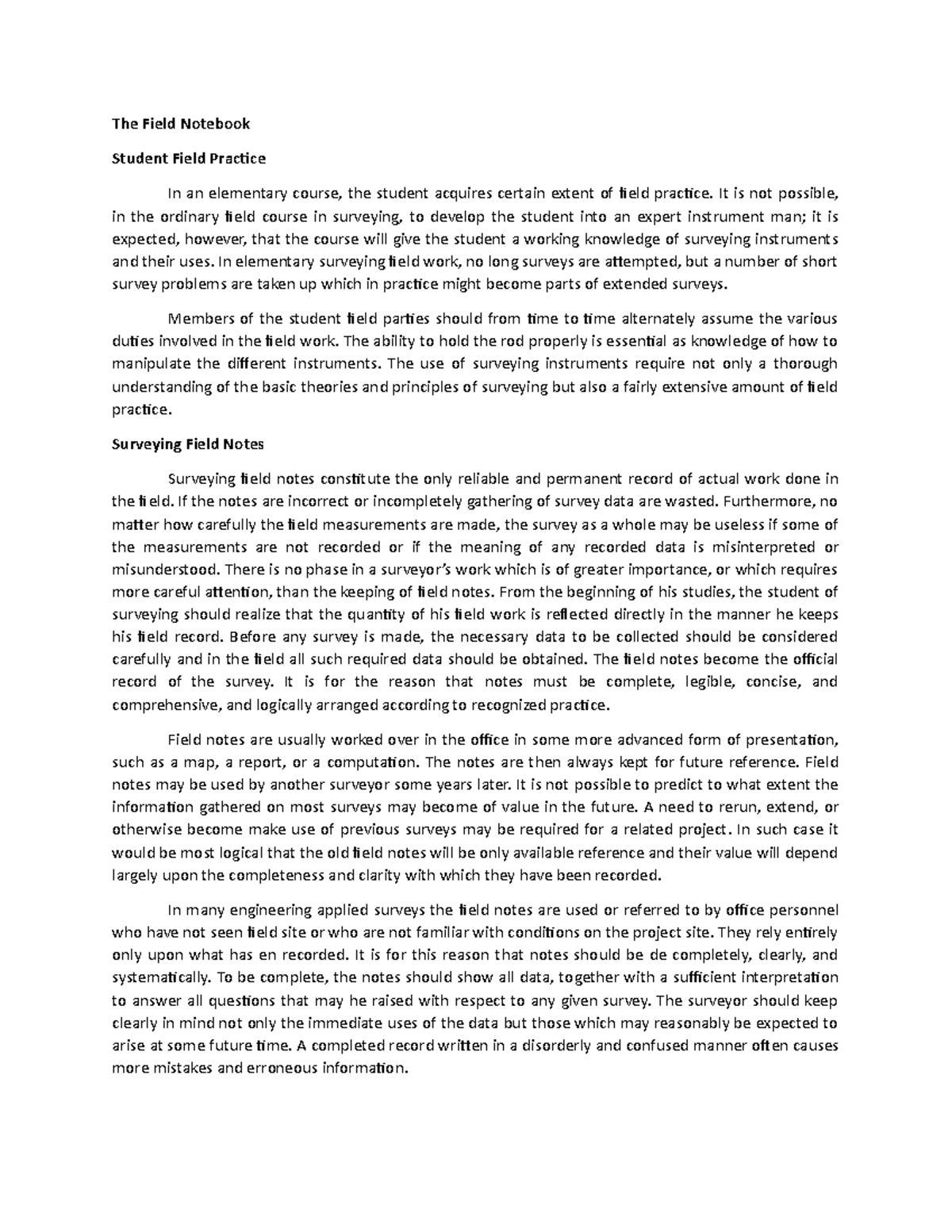 The Field Notebook The Field Notebook Student Field Practice In an