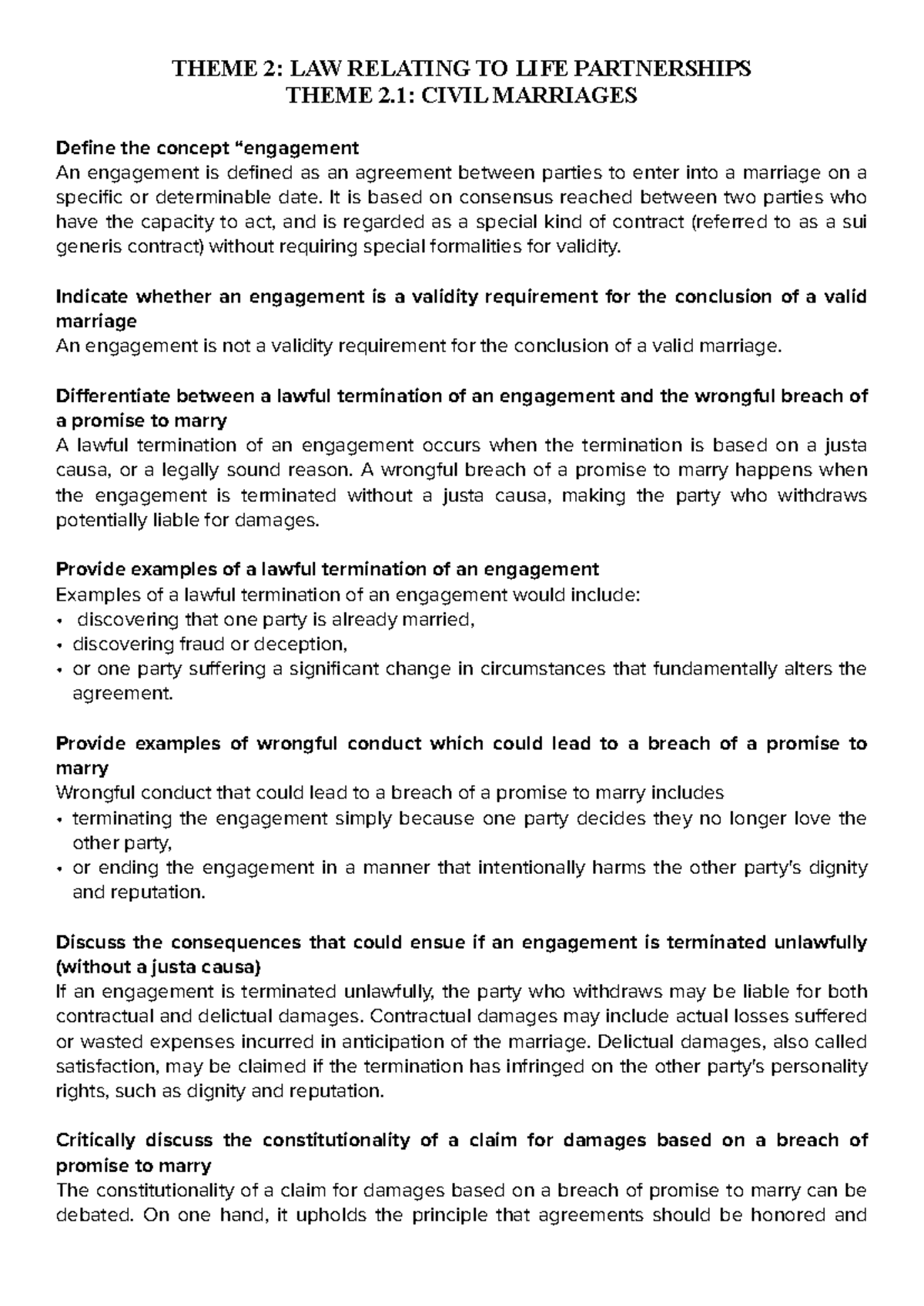 FMR T2 - lecture notes - THEME 2: LAW RELATING TO LIFE PARTNERSHIPS ...