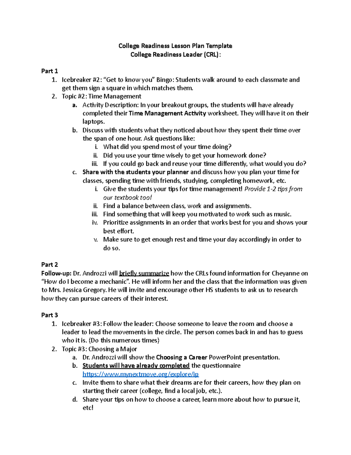 CRL Lesson Plan 2 - College Readiness Lesson Plan Template College ...