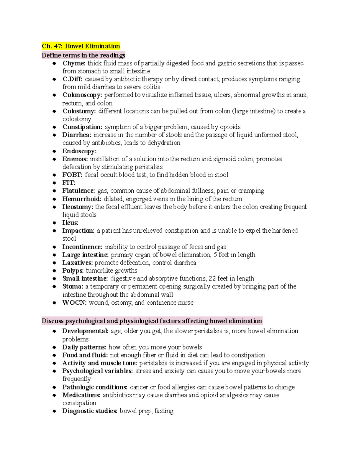 NRS 215 Exam 3 Review Includes content on bowel elimination, skin