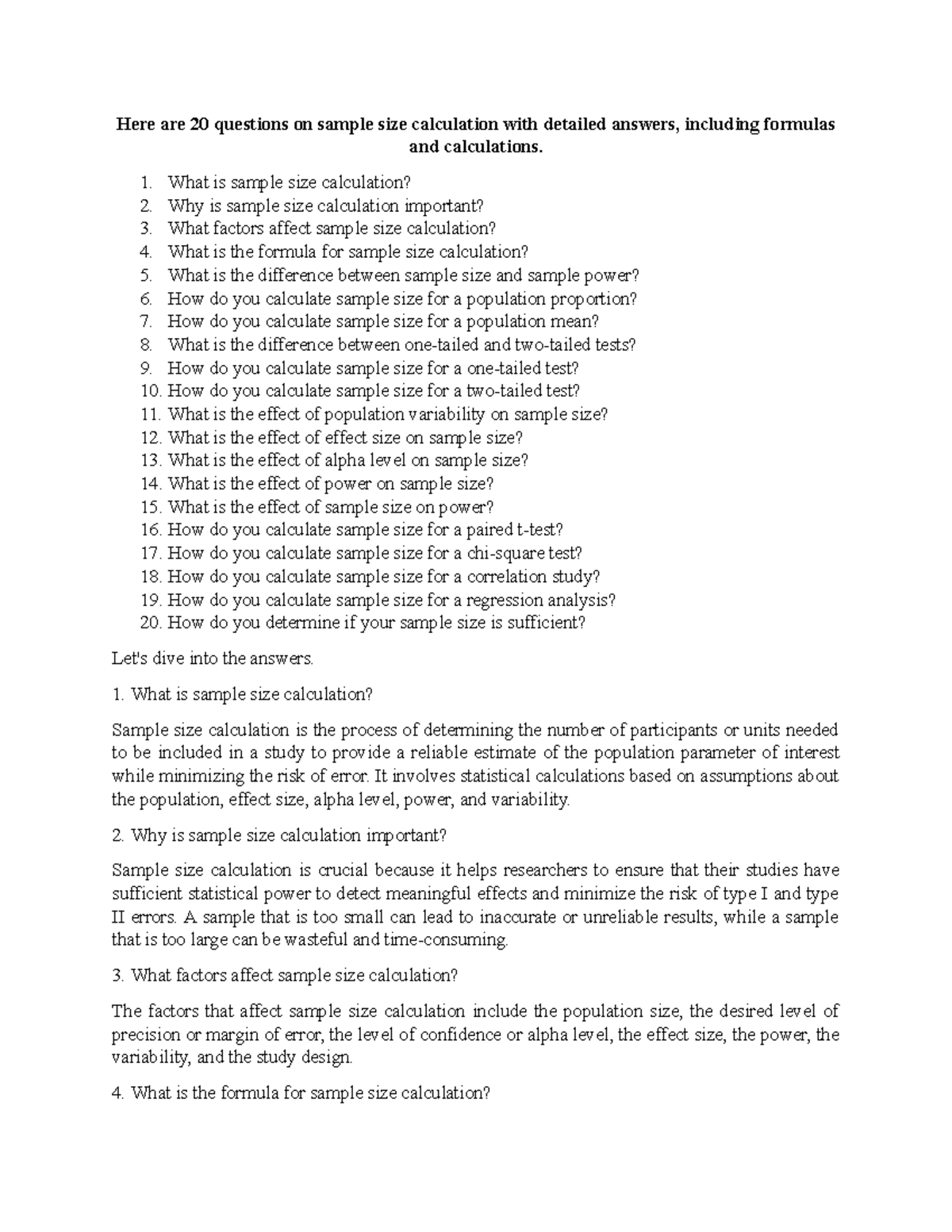 20 questions on sample size calculation with detailed answers - What is ...