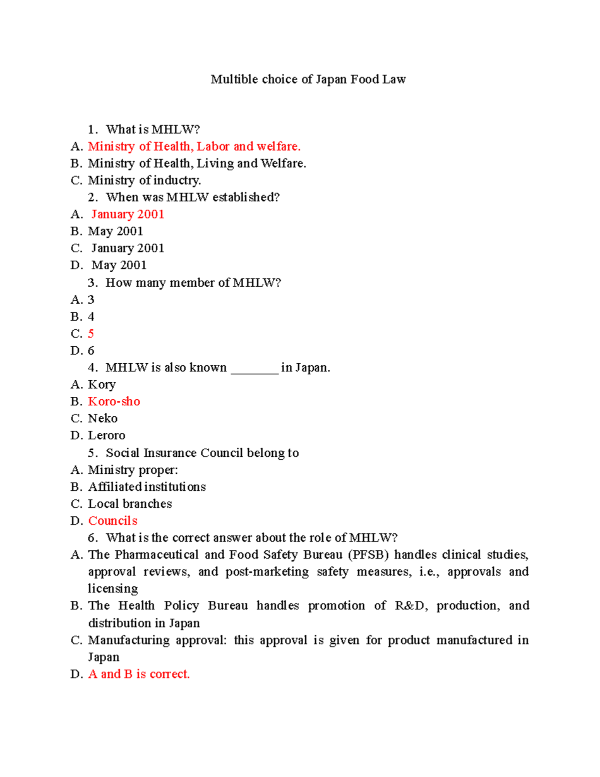 Japan Group 6 không có Multible choice of Japan Food Law What is