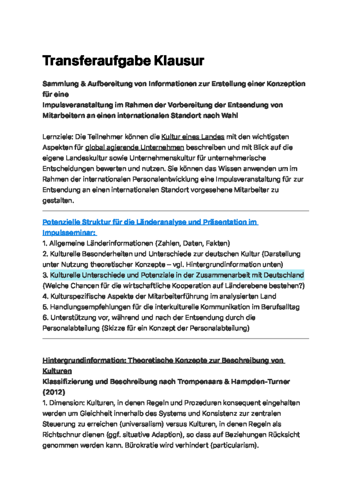 Transferaufgabe Human Resources für die Klausur - Transferaufgabe ...