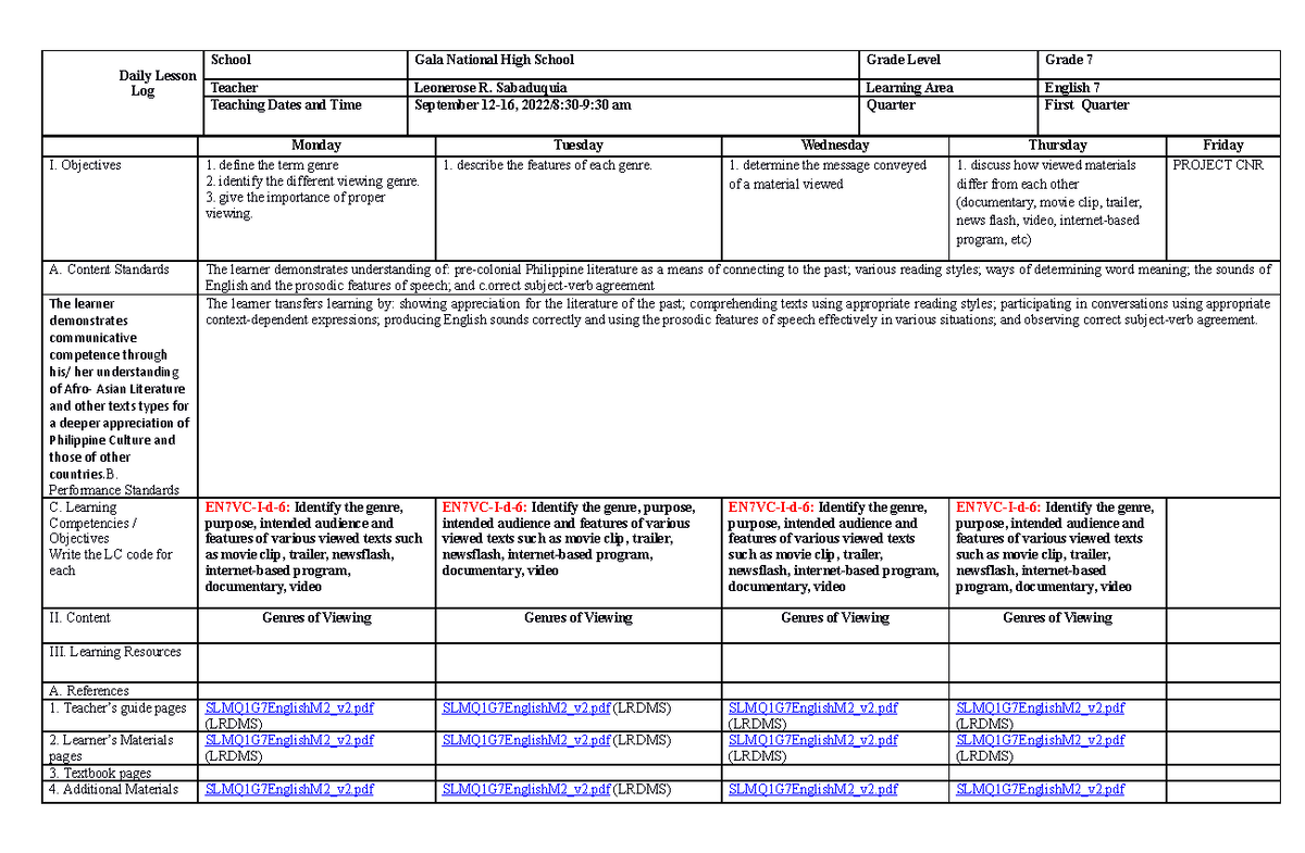 Daily-Lesson-Log week-3 sept - Daily Lesson Log School Gala National ...