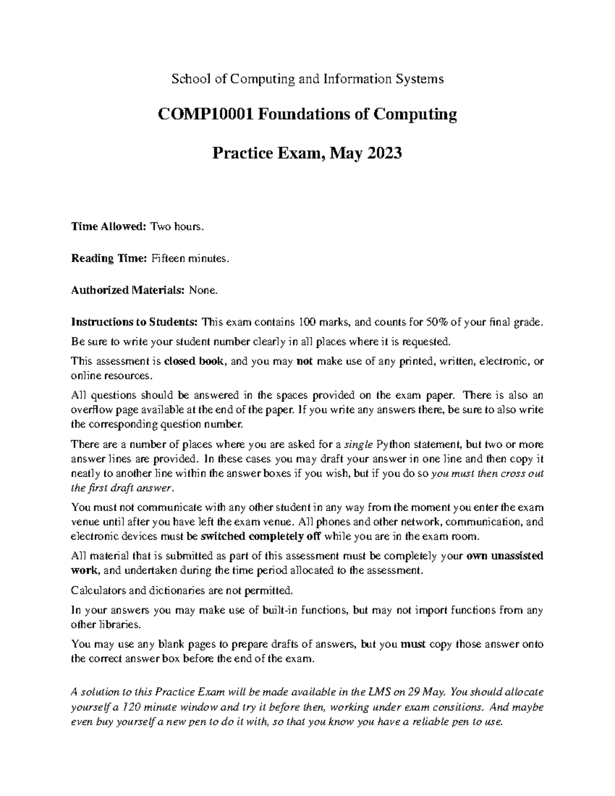 Foundations of Computing Practice Exam - Studocu