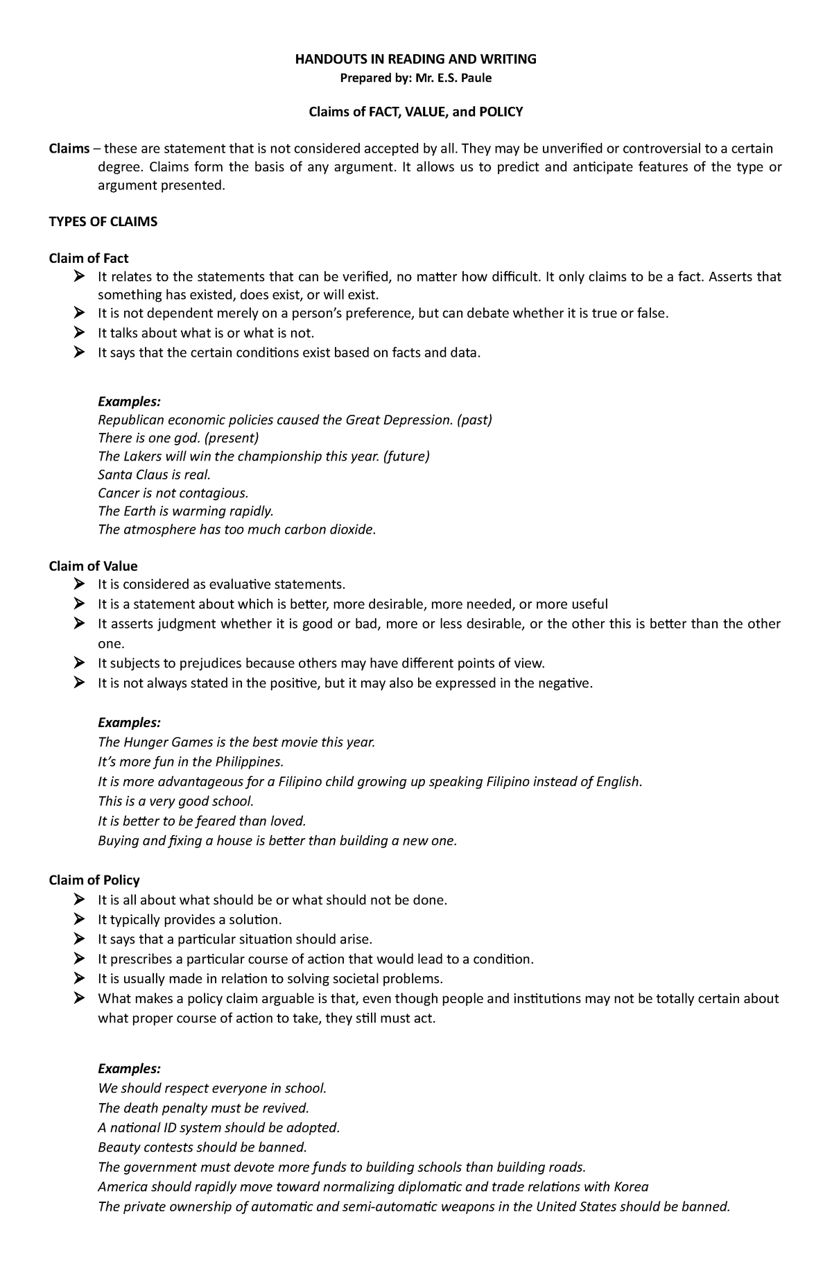 Claims Handouts HANDOUTS IN READING AND WRITING Prepared By Mr E 