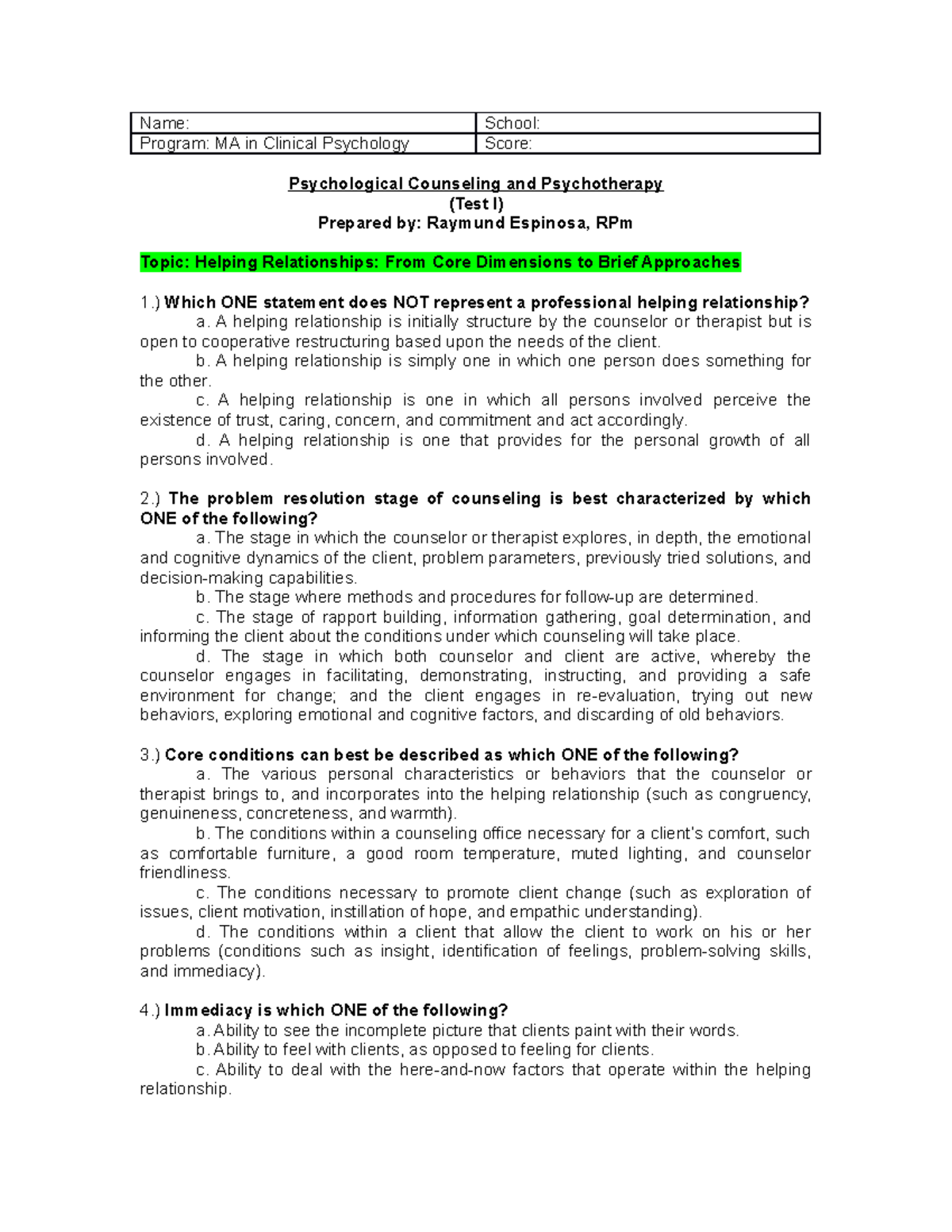 Psychological Counseling and Psychotherapy (TEST BANK) Name School Program MA in Clinical