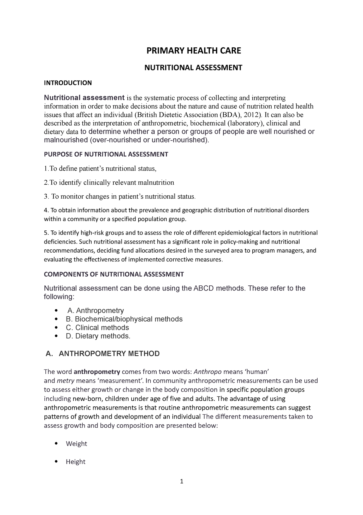 Nutritional Assessment 1 - PRIMARY HEALTH CARE NUTRITIONAL ASSESSMENT ...