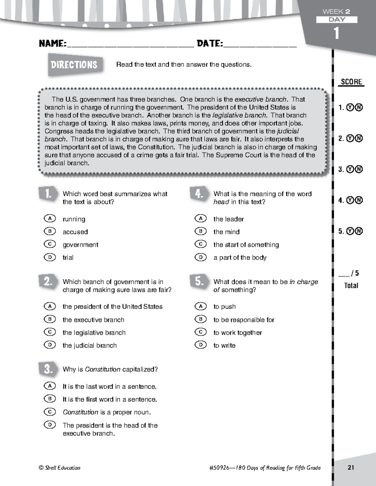 Week 1 To Week 13 Notes - Directions © Shell Education #50926—180 Days 