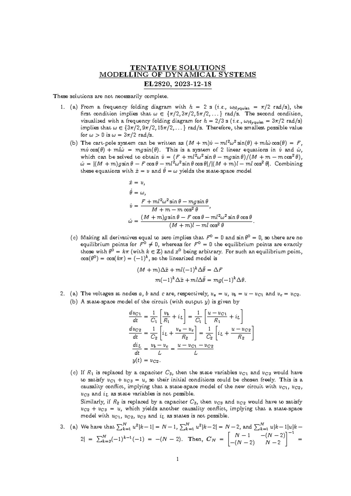 Final Exam 231218 Solution - TENTATIVE SOLUTIONS MODELLING OF DYNAMICAL ...