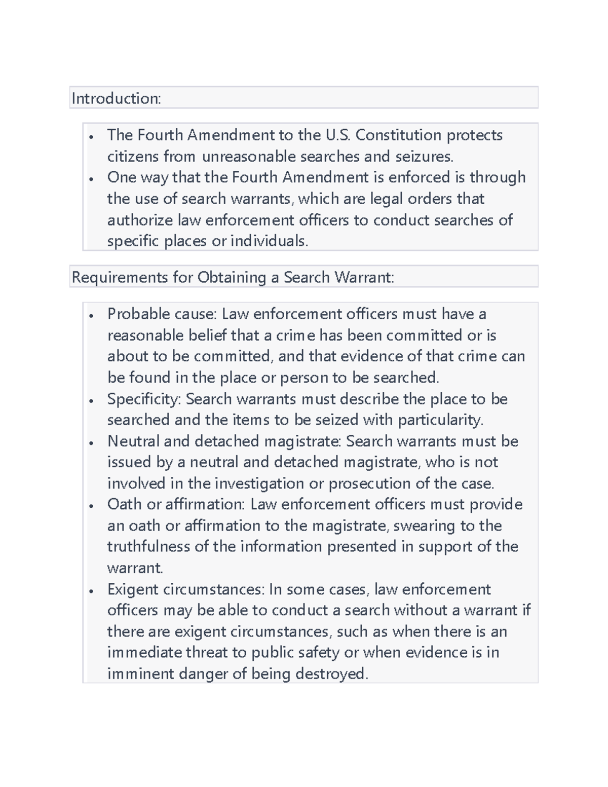 Search Warrants Notes Introduction • The Fourth Amendment to the U