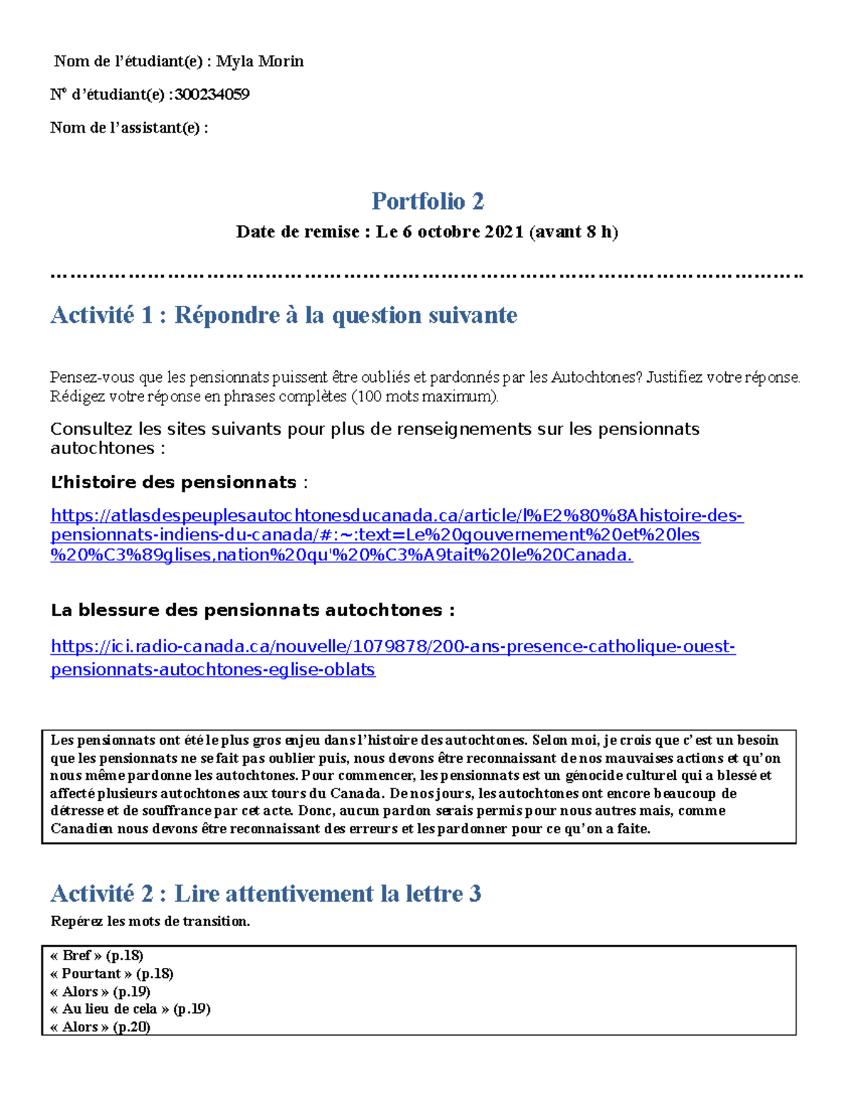 Portfolio 2 Study Nom De L tudiant e Myla Morin No D tudiant e 