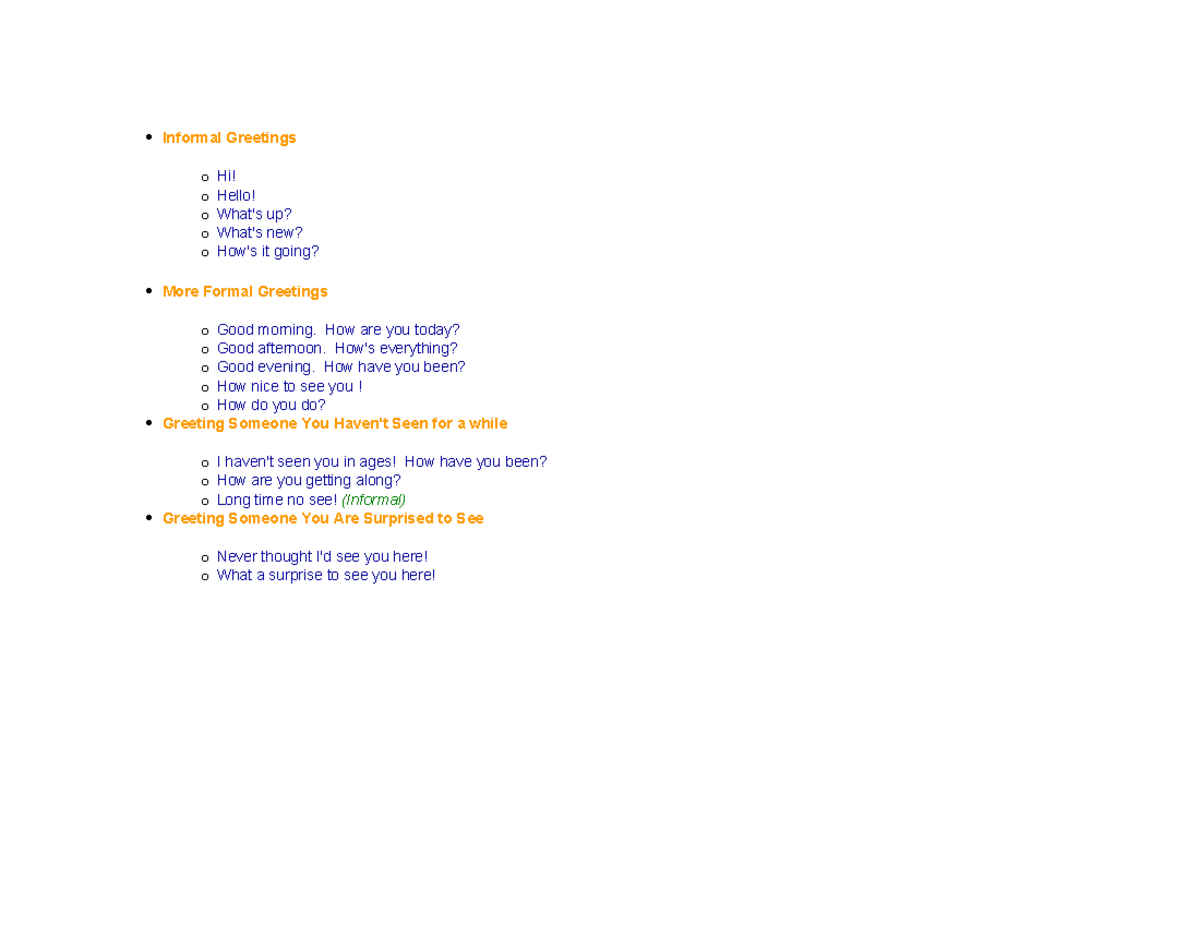 Informal Greetings TEST 12 ° B - Informal Greetings o Hi! o Hello! o ...