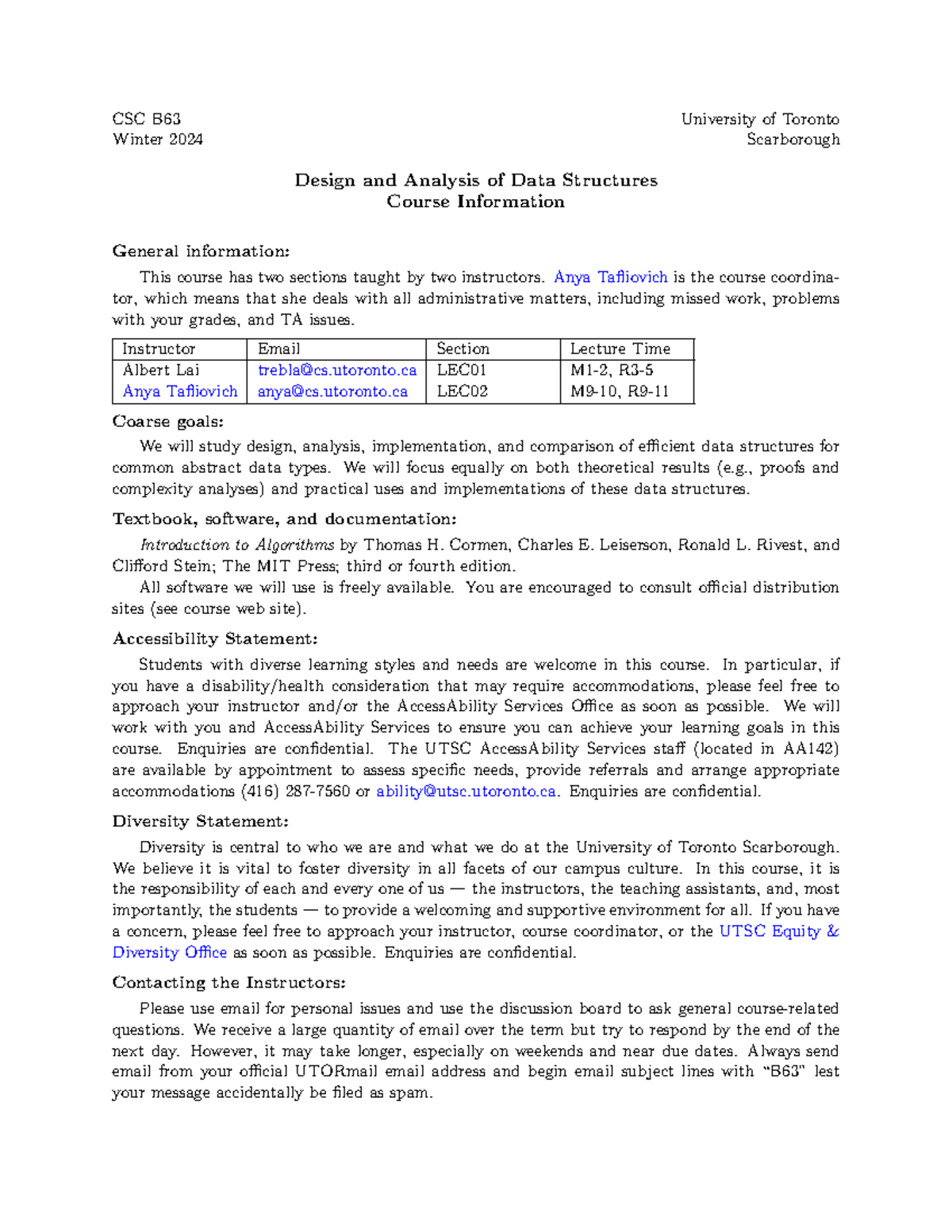 Courseinfosheet - Course syllabus B63 - CSC B Winter 2024 University of ...