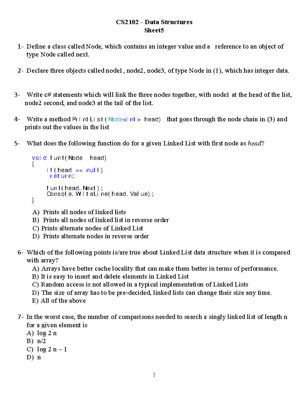 Sheet 5 - 1 CS2102 - Data Structures Sheet 1 ‐ Define A Class Called ...