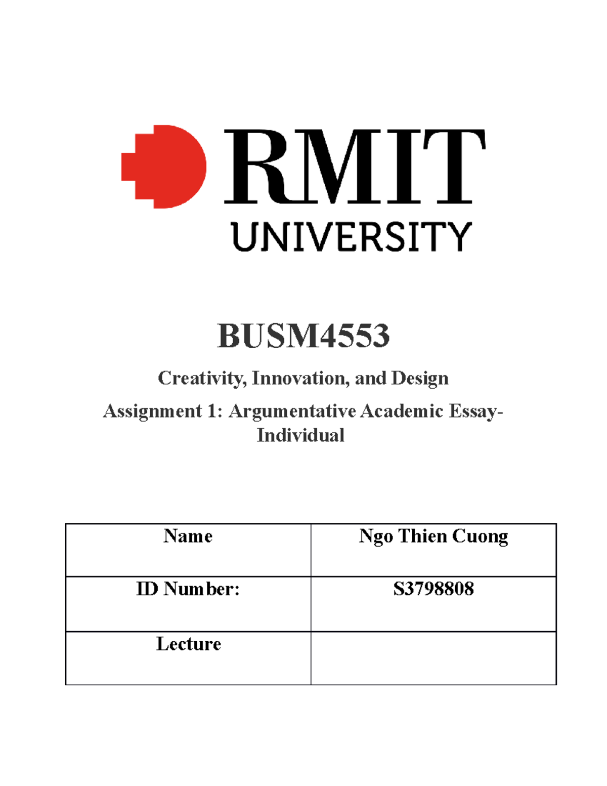 BUSM4553 Assignment 1 - BUSM Creativity, Innovation, and Design ...