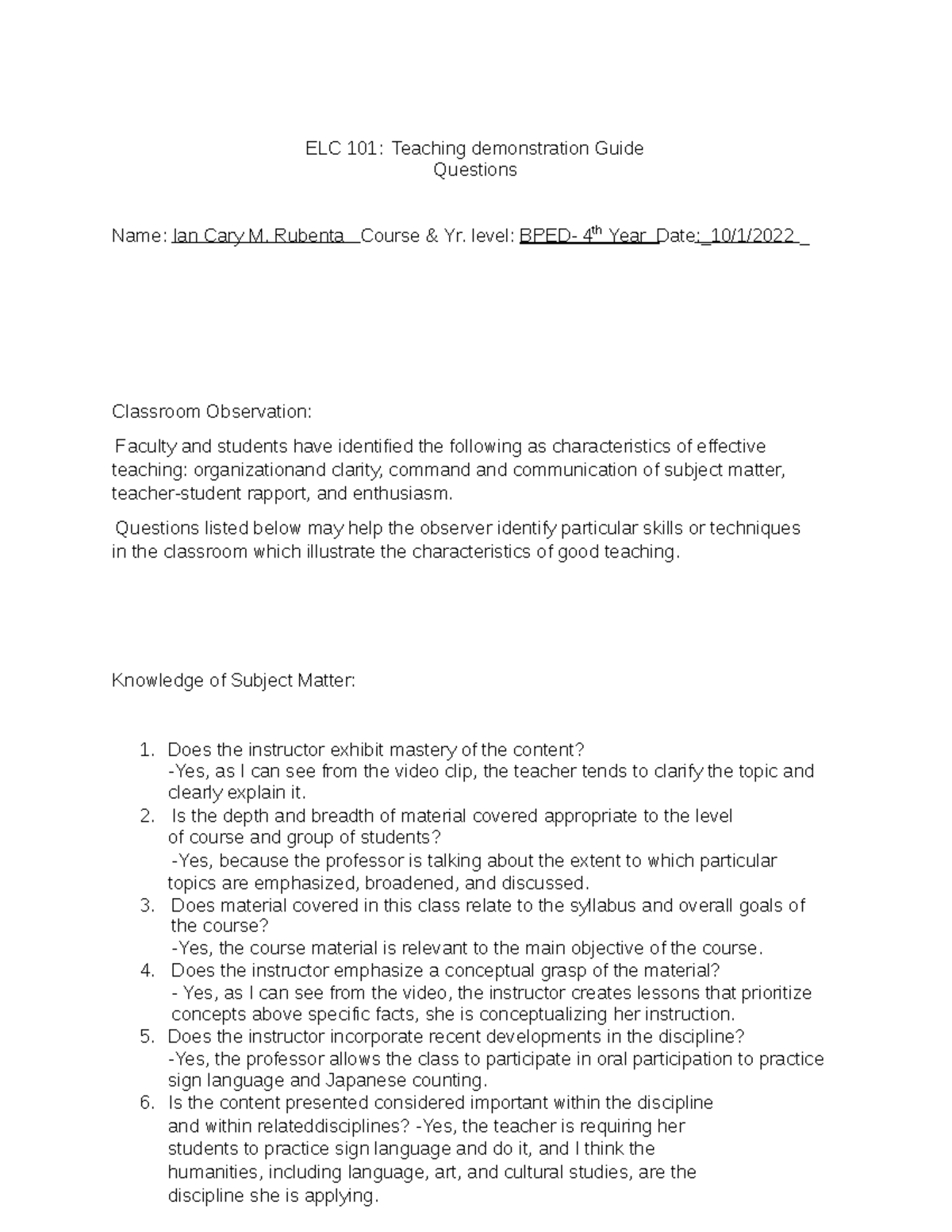 Rubenta, Ian Cary M. (ELC 101) ELC 101 Teaching demonstration Guide