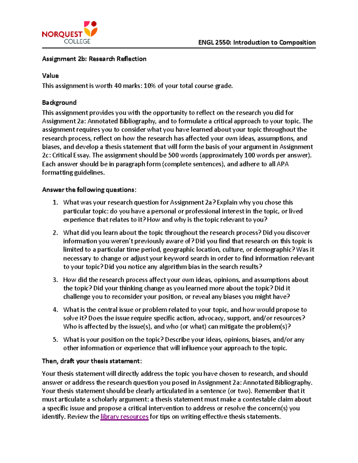 Assignment 2b (2023 update) - ENGL 2550 : Introduction to Composition ...