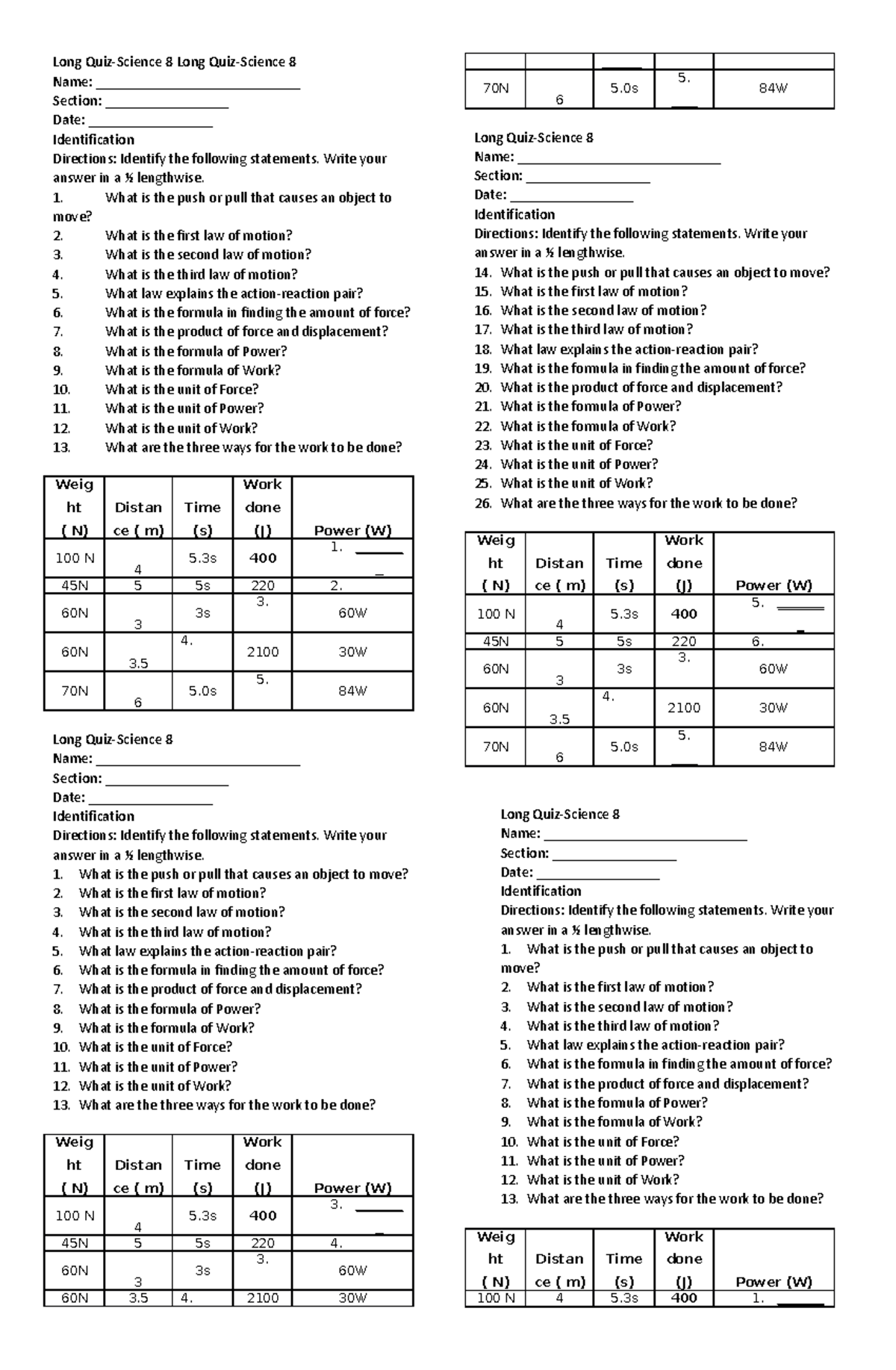 Law of motion,quiz quiz Long QuizScience 8 Long QuizScience 8