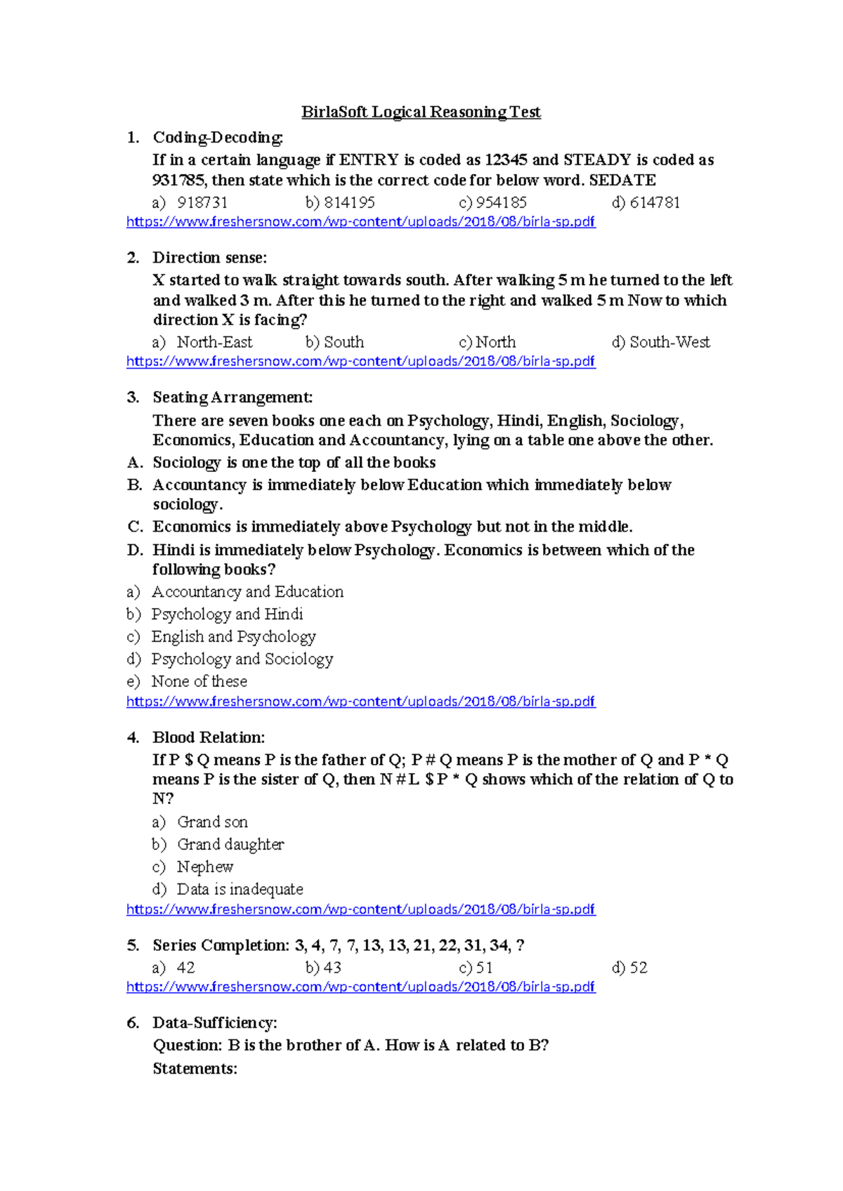 D E SHAW Logical - BirlaSoft Logical Reasoning Test 1. Coding-Decoding ...