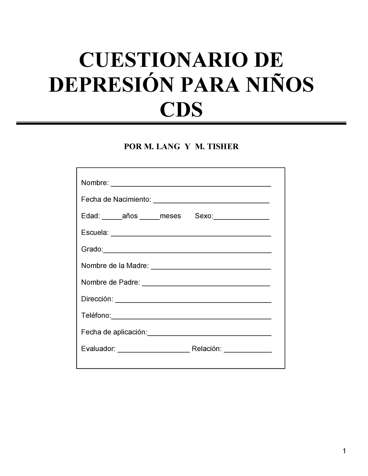 2escala De Depresion Infantil Cuestionario De DepresiÓn Para NiÑos Cds Por M Lang Y M 6022