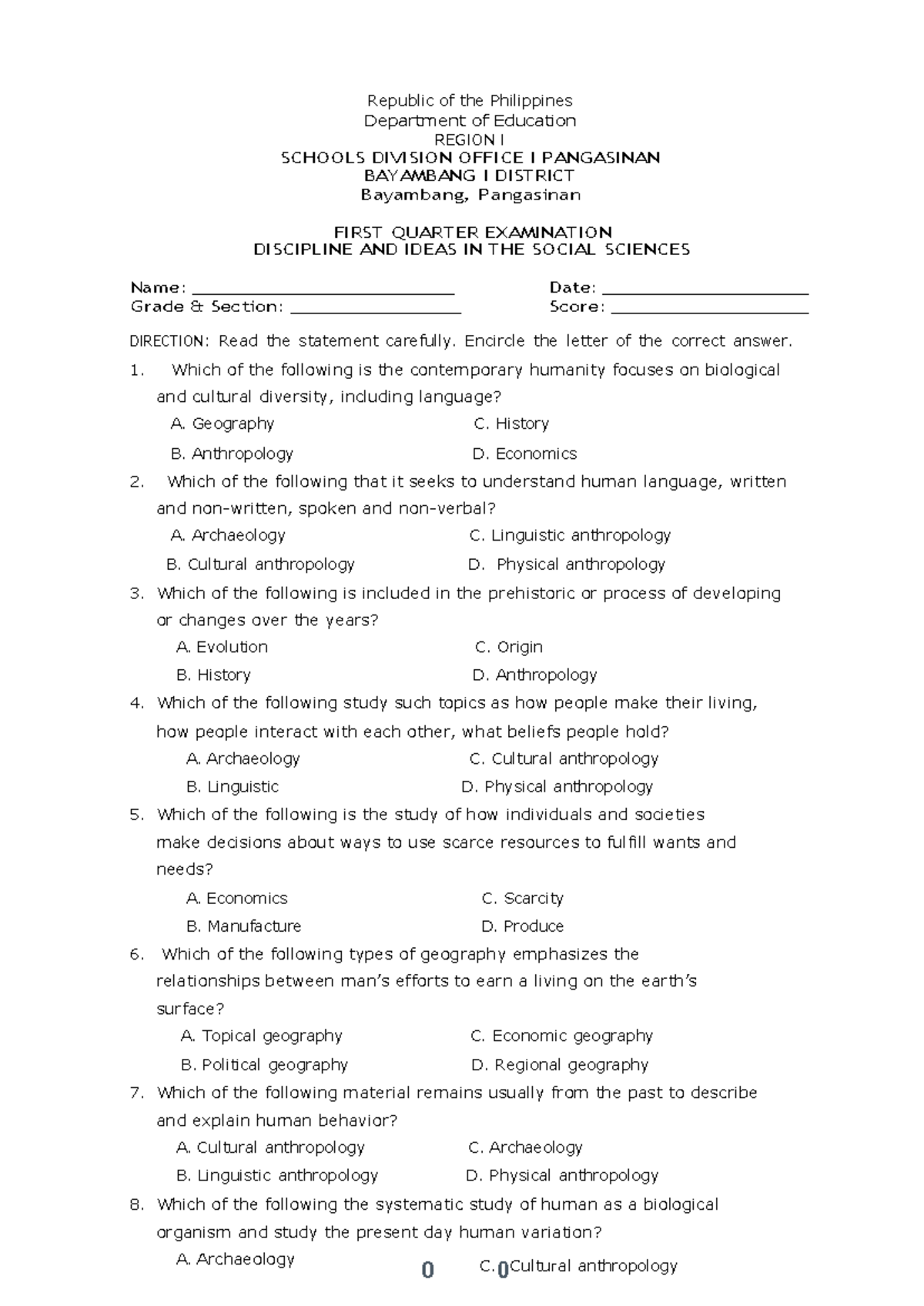Diss-exam-quarterly-exam compress - Republic of the Philippines ...