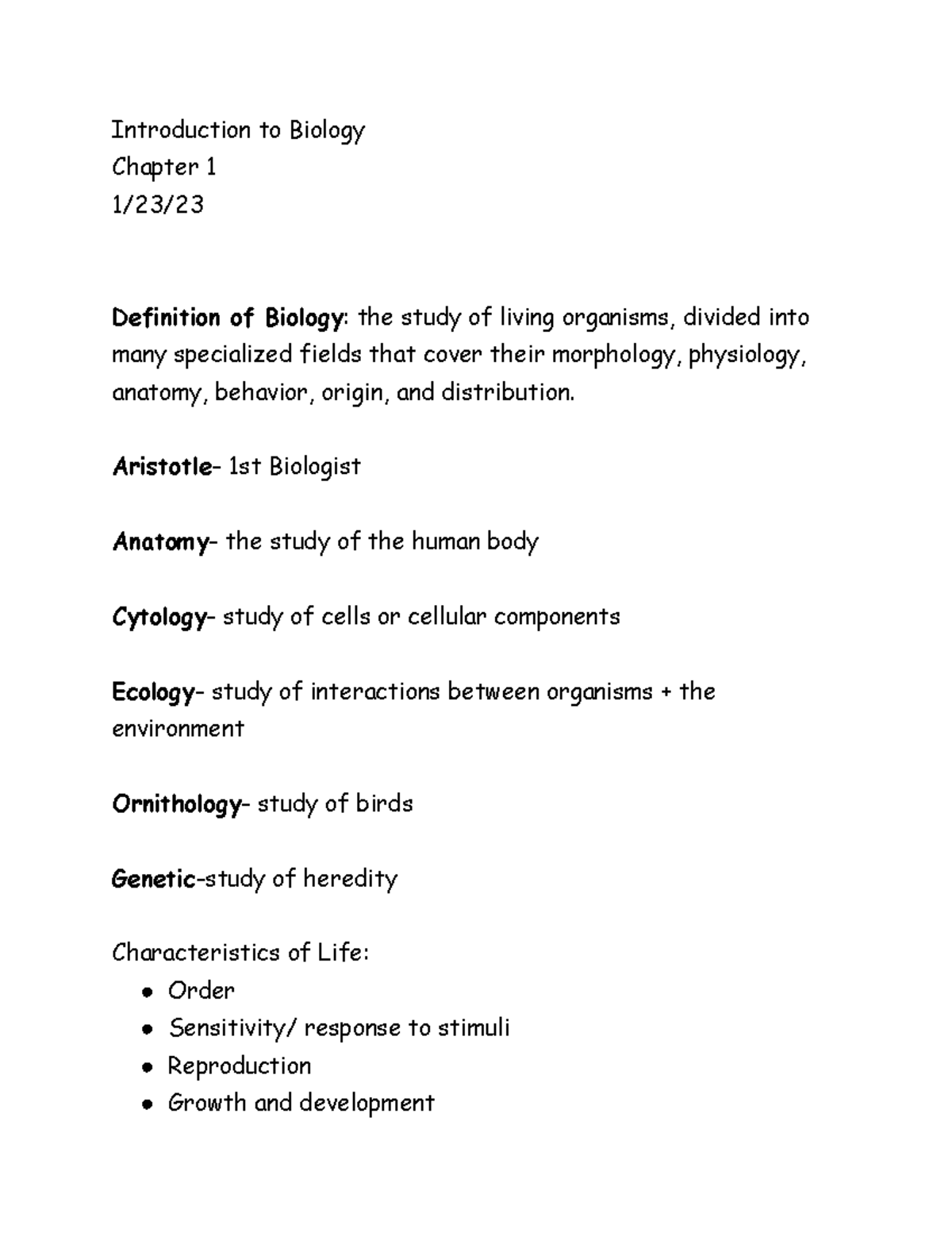 Intro To Bio Chapter 1 - Lecture Notes - Introduction To Biology ...